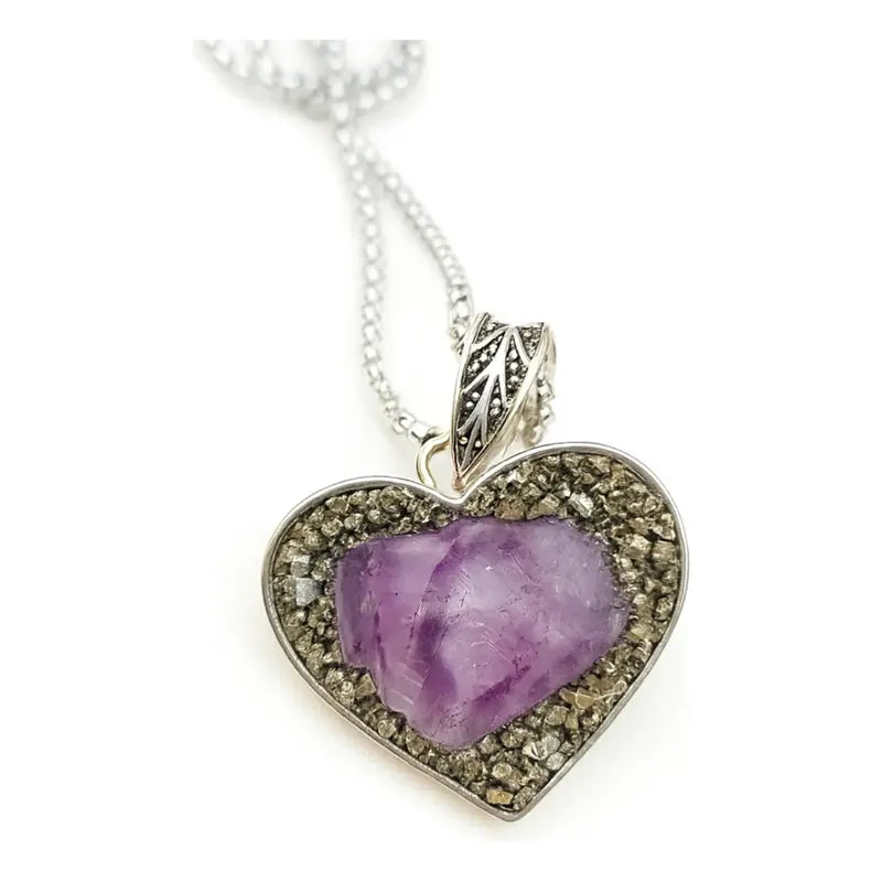 Collar Armonía Y Abundancia Corazón Amatista Pirita + Cadena Corazón Pirita Amatista