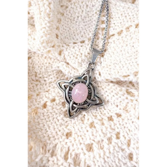 Divina Existencia Collar Amuleto Protección Nudo Bruja Acero Cuarzo Rosa