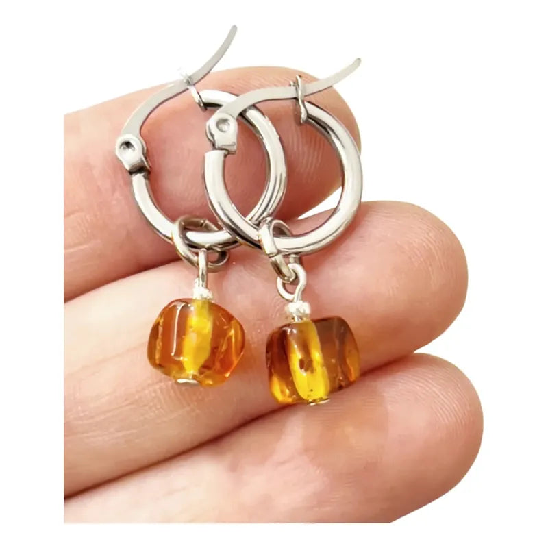 Aros De Acero Quirúrgico Con Piedra Ámbar Auténtica