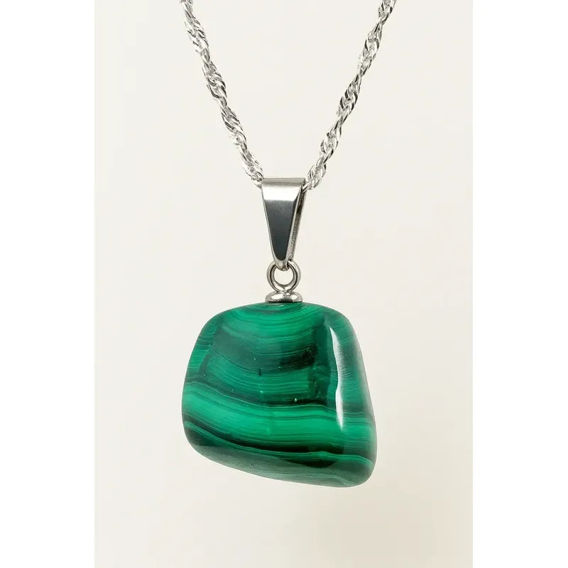 Collar Tranquilidad Piedra De Malaquita Y Cadena De Acero Malaquita