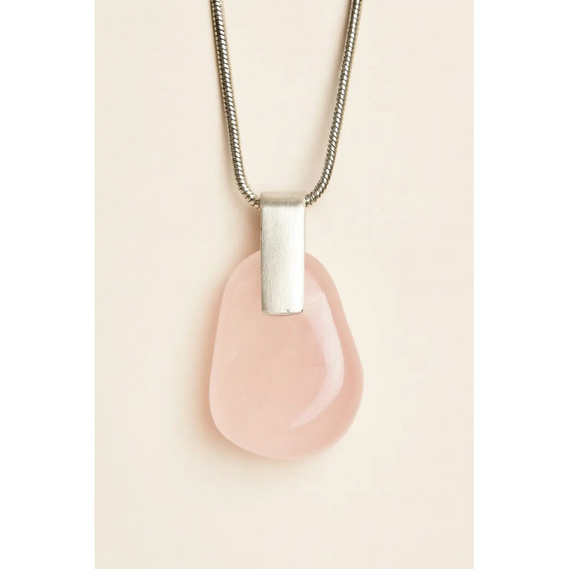 Collar Dije De Piedras Naturales Y Alpaca. Cadena De Acero Cuarzo Rosa