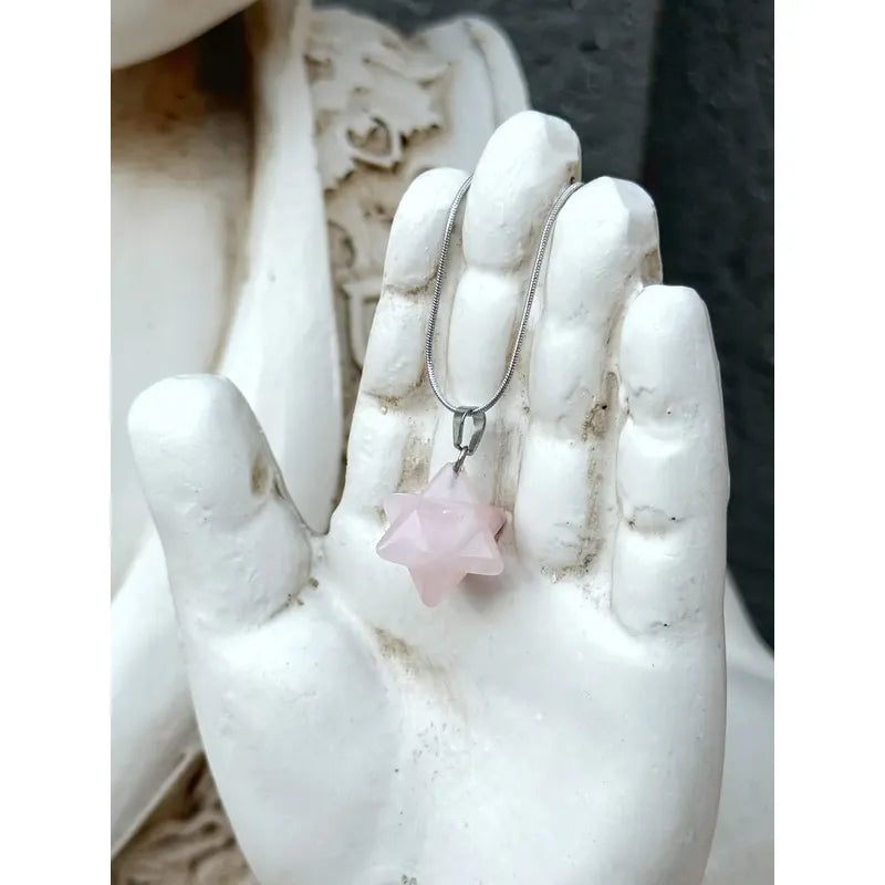 Collar De Piedra Natural Estrella Merkaba + Cadena Acero Color Cuarzo Rosa
