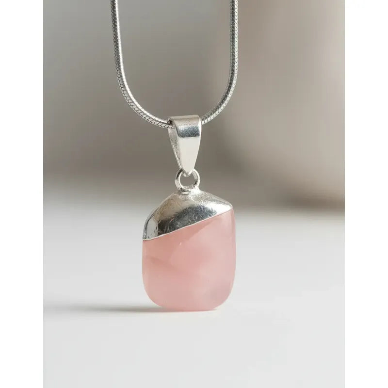 Collar Amor Propio Cristal Cuarzo Rosa + Cadena De Acero Cuarzo Rosa