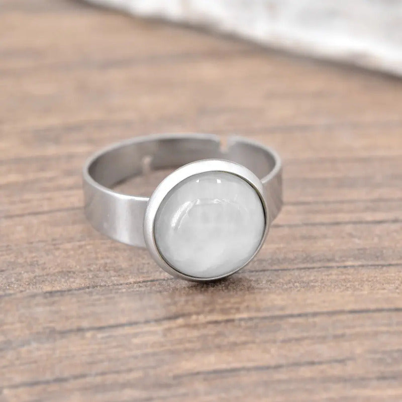 Anillo Regulable Acero Quirúrgico Cuarzo Rosa/blanco