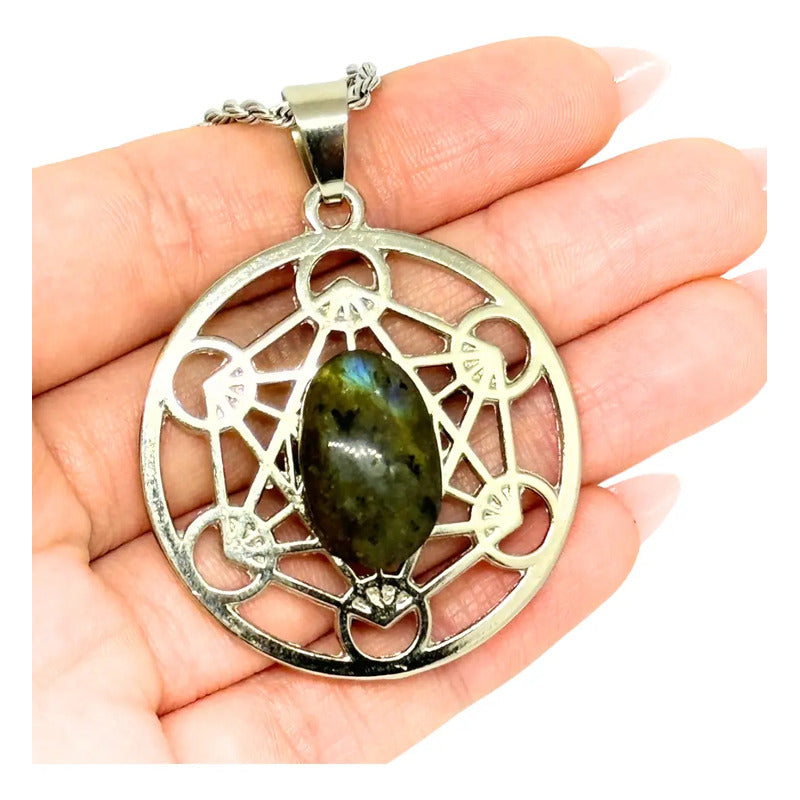 Collar Cubo De Metatron Grande Con Labradorita + Cadena Metatron Labradorita