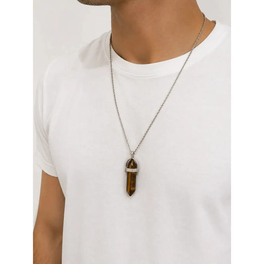 Collar Hombre Mujer Péndulo Biterminado Piedra Natural 60 Cm Ojo De Tigre - Fuerza