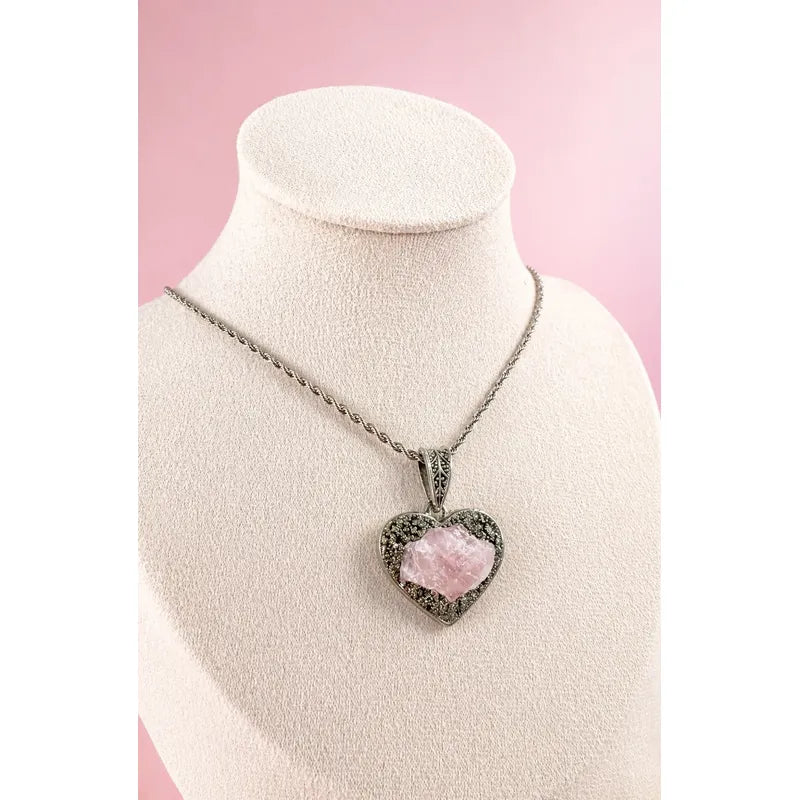 Collar Amor Y Abundancia Corazón Cuarzo Rosa + Pirita Corazón Cuarzo Y Pirita