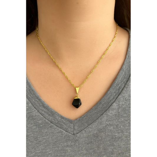 Collar Protector Mini Piedra Obsidiana + Cadena Acero Dorado Obsidiana Acero Dorado
