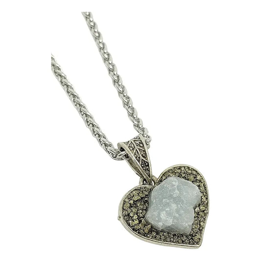 Collar Corazón De Pirita Y Aguamarina Con Cadena De Acero Aguamarina Y Pirita
