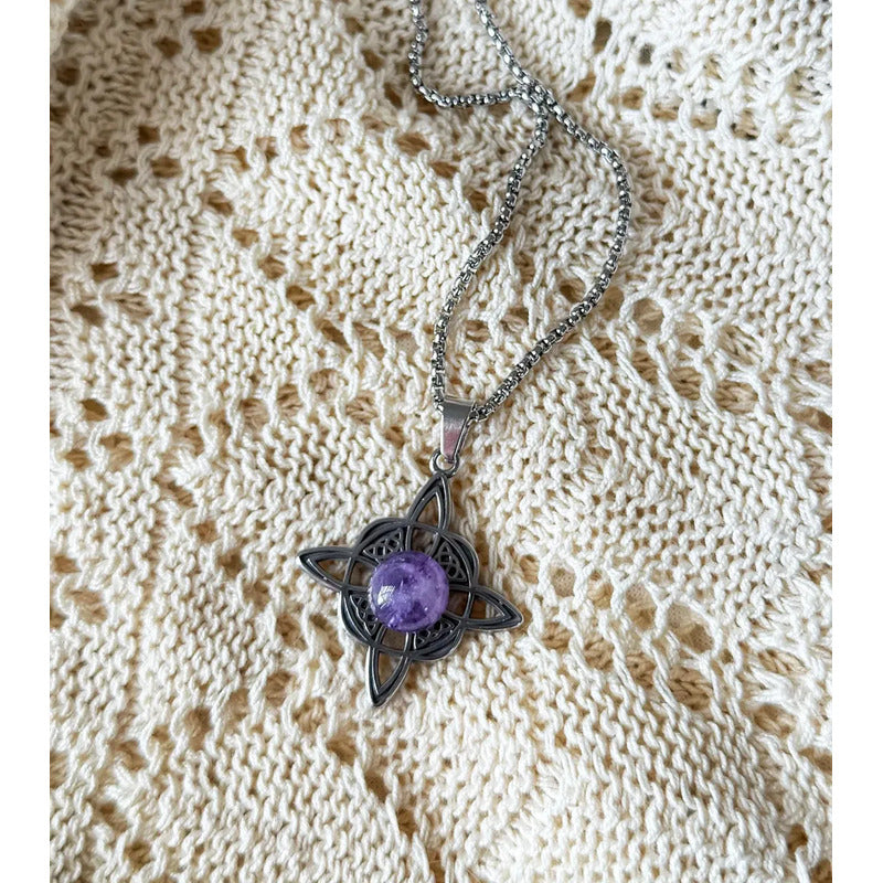 Collar Nudo De Bruja Con Triskel Y Piedra Amatista Acero Nudo De Bruja Y Amatista