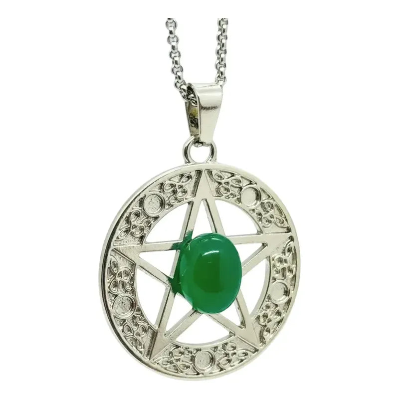 Collar Protección Pentagrama Ágata Verde + Cadena De Acero Pentagrama Agata Verde