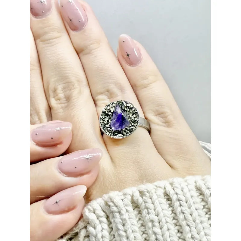 Anillo Piedras Naturales Mujer Turmalina Pirita Crisocola