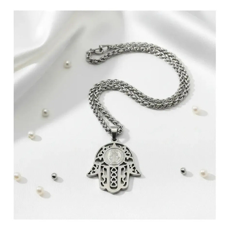 Collar Protector Medalla De San Benito + Cadena De Acero Hamsa