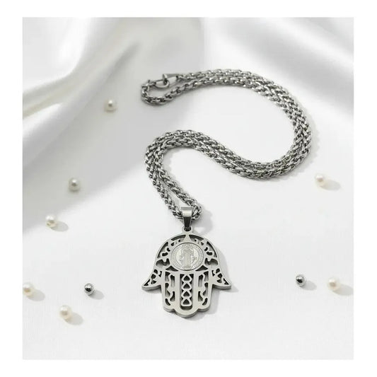 Collar Protector Medalla De San Benito + Cadena De Acero Hamsa