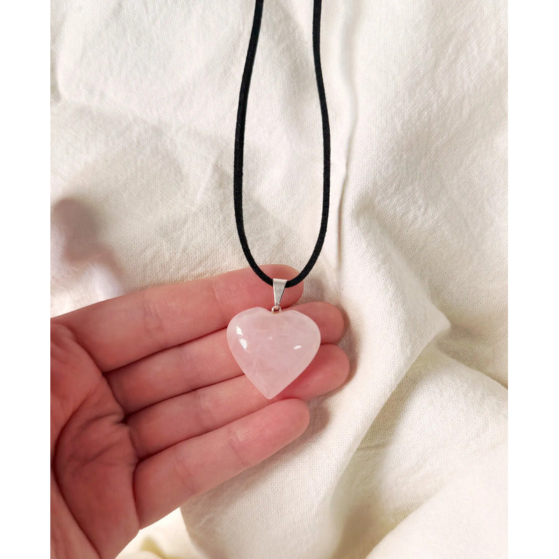 Collar Corazón De Piedra Cuarzo Rosa Grande - Amor Propio Cuarzo Rosa