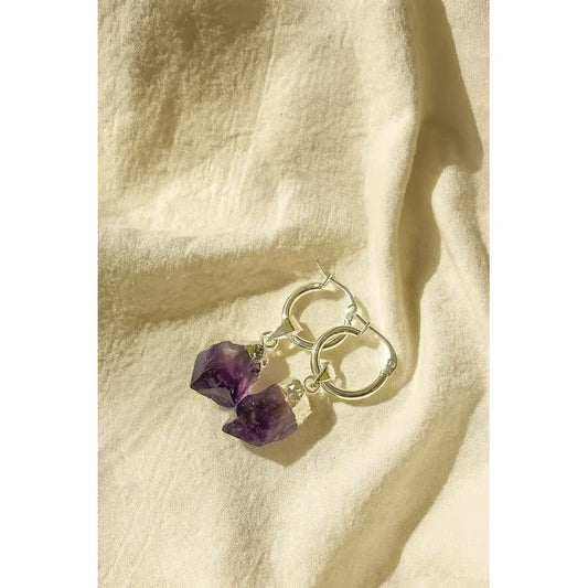 Aritos Mujer De Amatista Piedra Natural Acero Quirúrgico  Violeta Oscuro