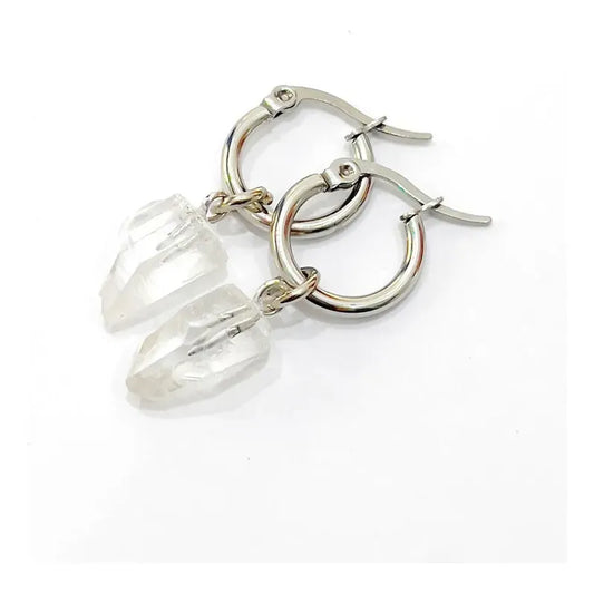 Aros Colgantes Punta Cuarzo Piedra Natural Bañados Plata 925 Punta De Cuarzo