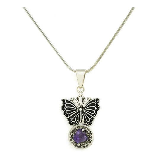 Collar Mariposa  Amatista Y Pirita 50 Cm - Transmutación Camafeo Amatista