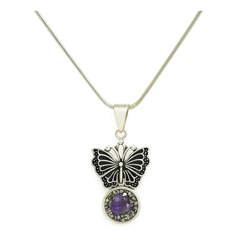 Collar Mariposa  Amatista Y Pirita 50 Cm - Transmutación Camafeo Amatista