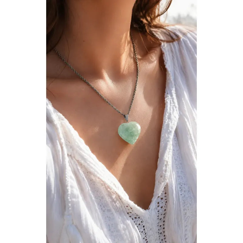 Collar Corazón De Cuarzo Verde Cristal De La Sanación Corazón Cuarzo Verde