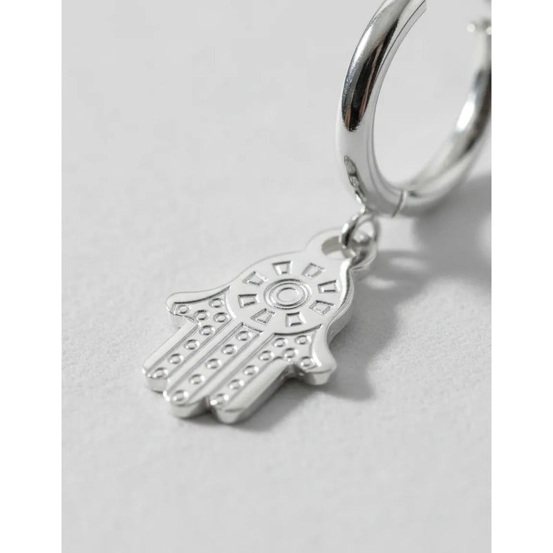 Par Aros Argollitas De Acero Quirúrgico Hamsa Mano De Fátima Gris