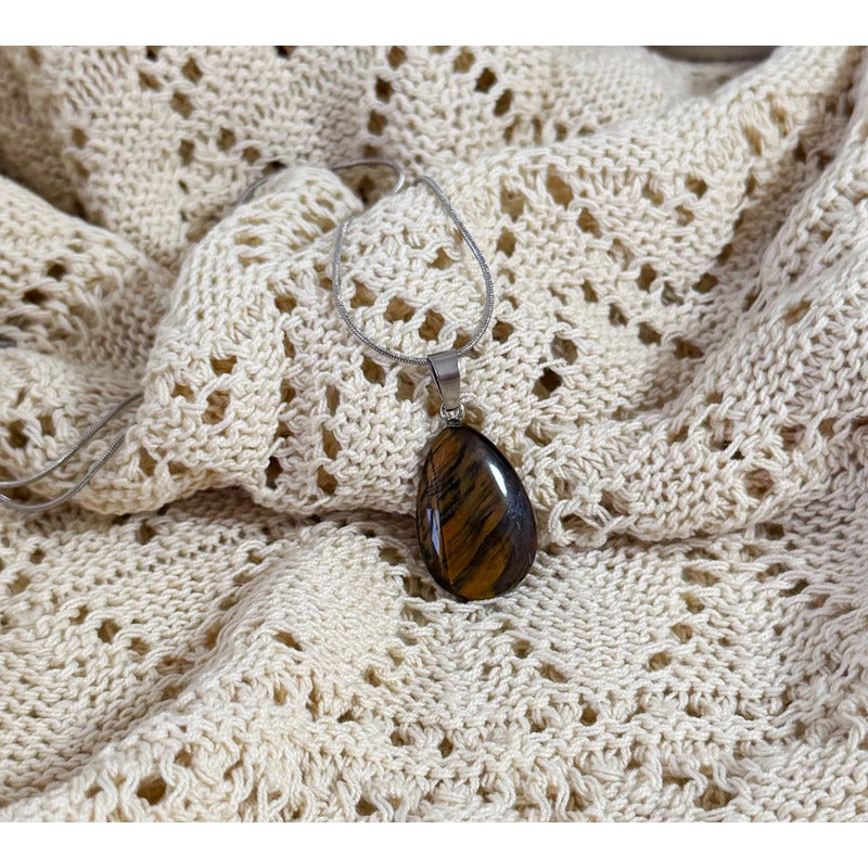 Collar Gota Ojo De Tigre, Piedra Natural Y Acero 50cm Gota Ojo De Tigre