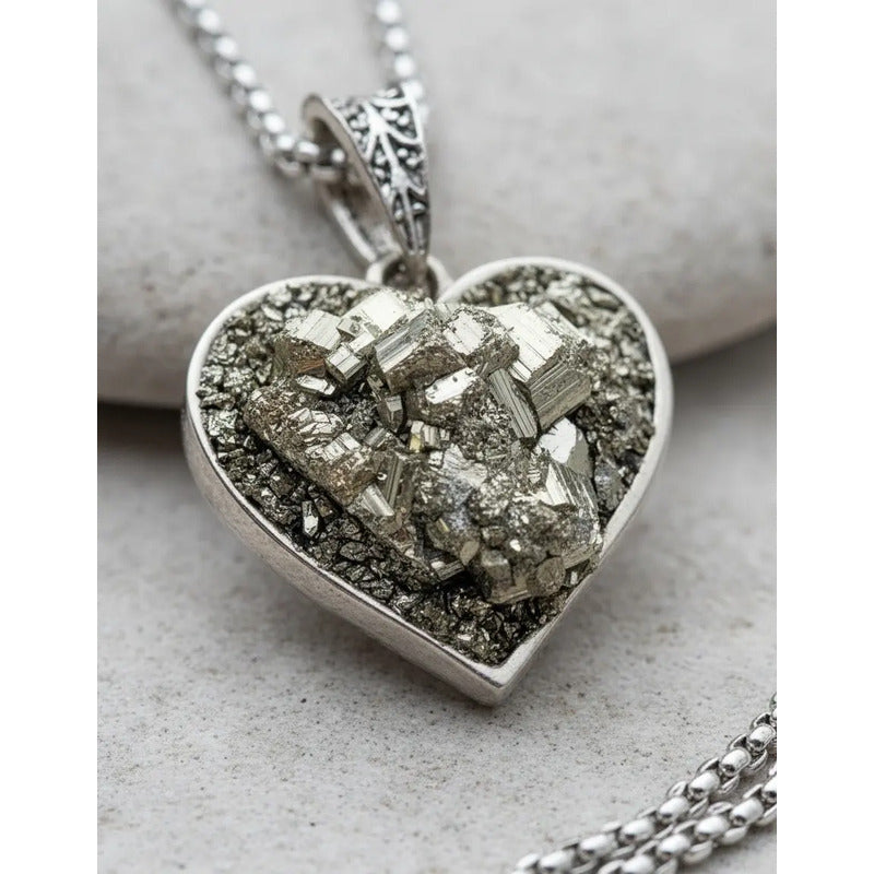 Collar Abundancia Corazón Con Piedra Pirita Con Cadena Corazón Pirita