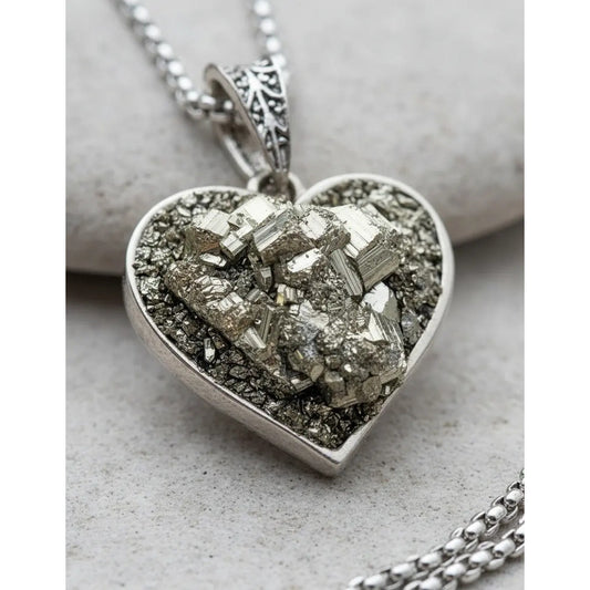Collar Abundancia Corazón Con Piedra Pirita Con Cadena Corazón Pirita