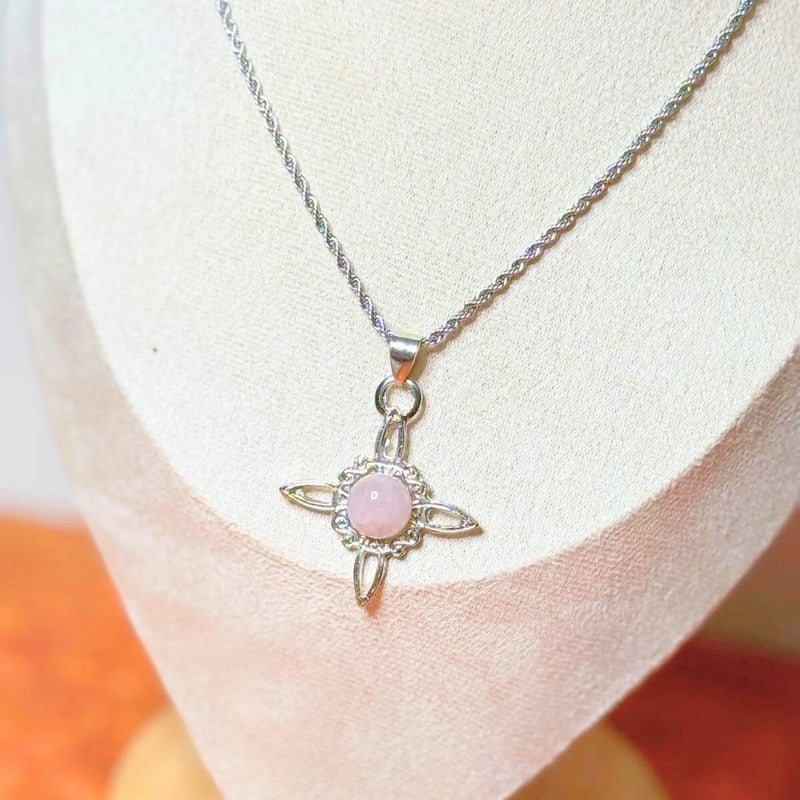 Collar Protección Nudo De Bruja Cuarzo Rosa Cadena De Acero