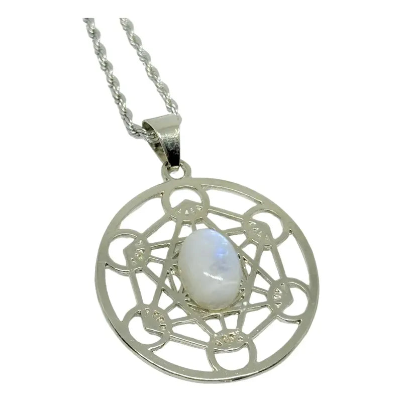 Collar Cubo Metatron Grande Con Piedra De La Luna + Cadena Metatron Adularia