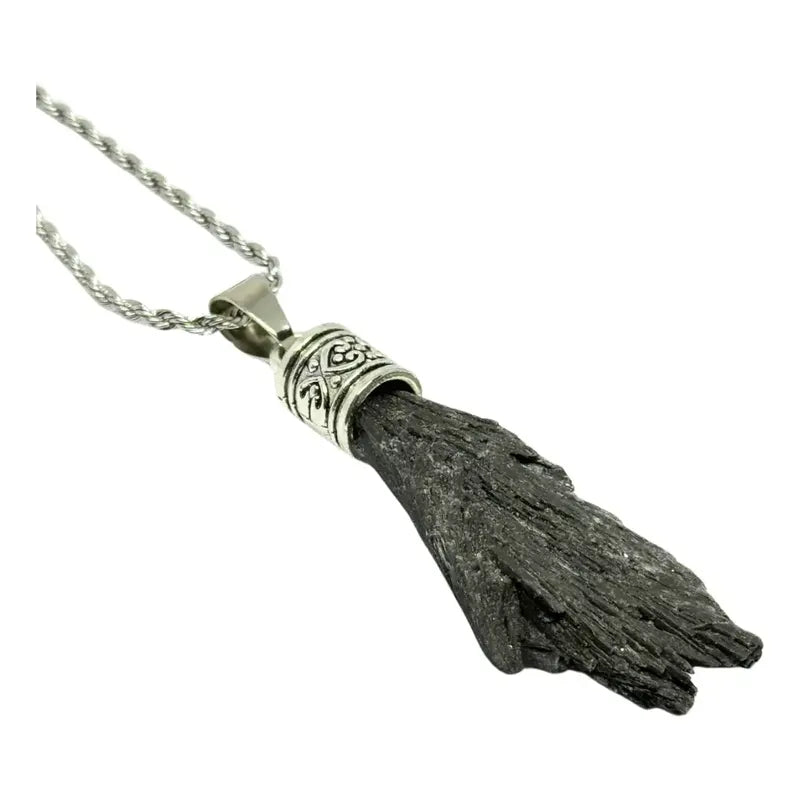 Collar Cianita Negra Grande Escoba De Bruja Cadena De Acero