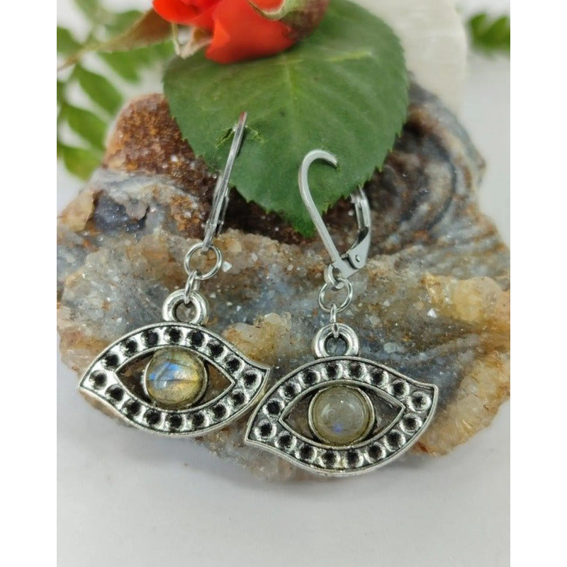 Aros Ojo Labradorita Piedra Natural Acero Quirúrgico Labradorita