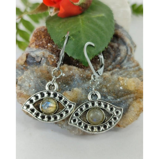 Aros Ojo Labradorita Piedra Natural Acero Quirúrgico Labradorita