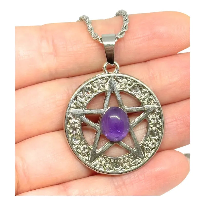 Collar Protección Pentagrama Y Amatista + Cadena De Acero Pentagrama Amatista