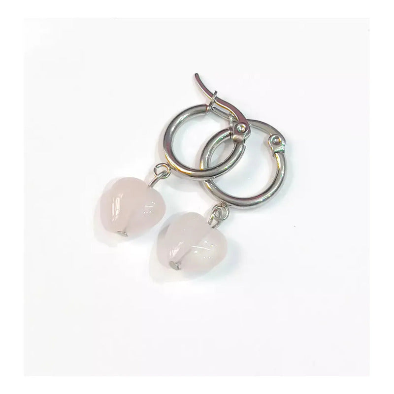 Aritos Mujer Corazón Cuarzo Rosa Piedra Natural Aro Acero Quirúrgico