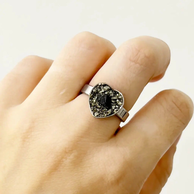 Anillo Piedras Naturales Mujer Turmalina Pirita Crisocola