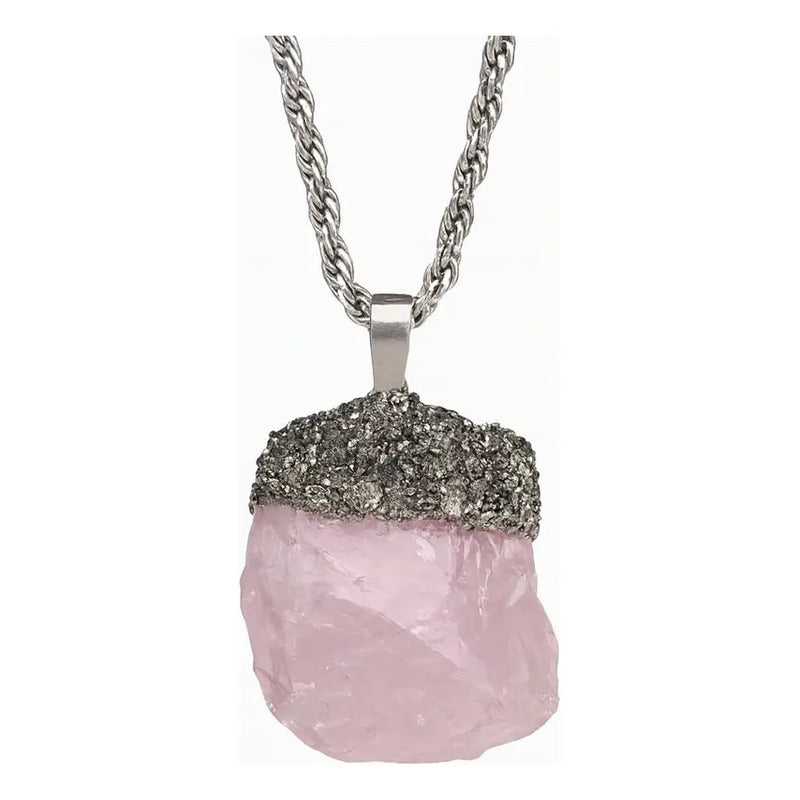 Collar Cuarzo Rosa En Bruto Con Pirita Artesanal Cuarzo Rosa Pirita Bruto