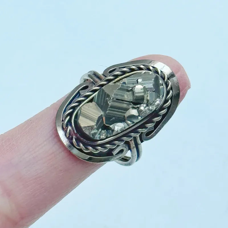 Anillo Mujer Alpaca Regulable Con Piedra Pirita Abundancia Pirita Chico Unico Regulable