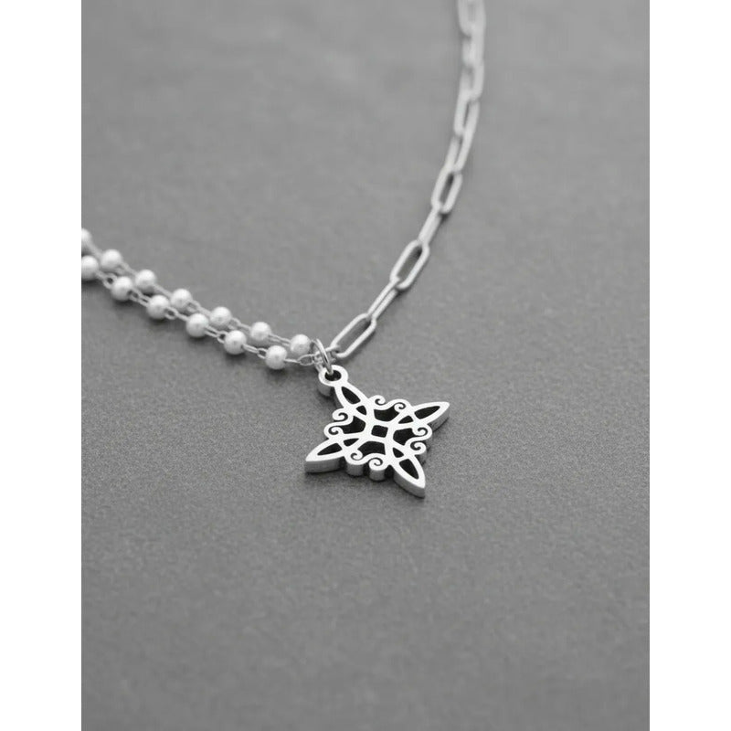 Collar Amuleto Nudo De Bruja Con Perlas Y Cadena Clip Acero Nudo De Bruja