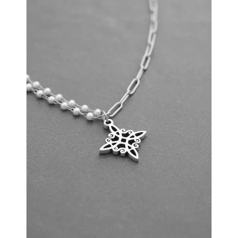 Collar Amuleto Nudo De Bruja Con Perlas Y Cadena Clip Acero Nudo De Bruja
