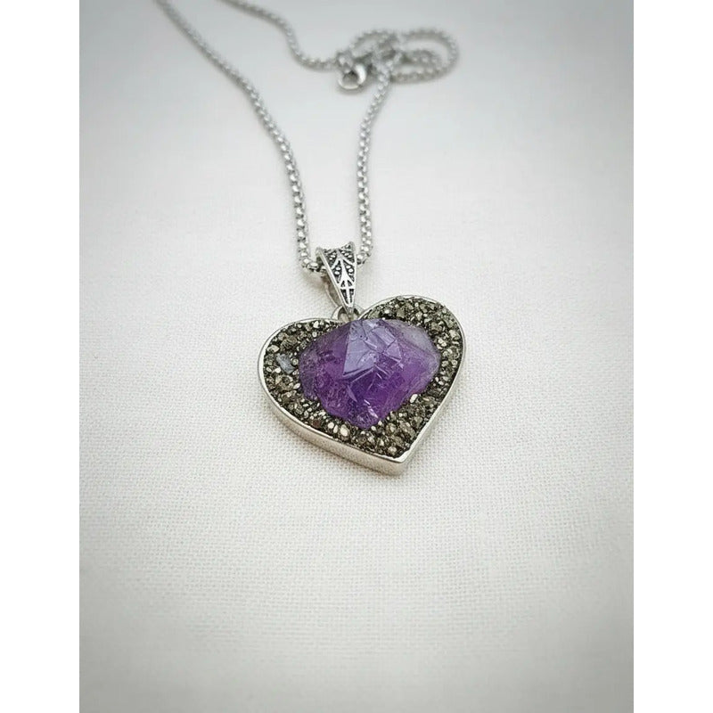 Collar Armonía Y Abundancia Corazón Amatista Pirita + Cadena Corazón Pirita Amatista