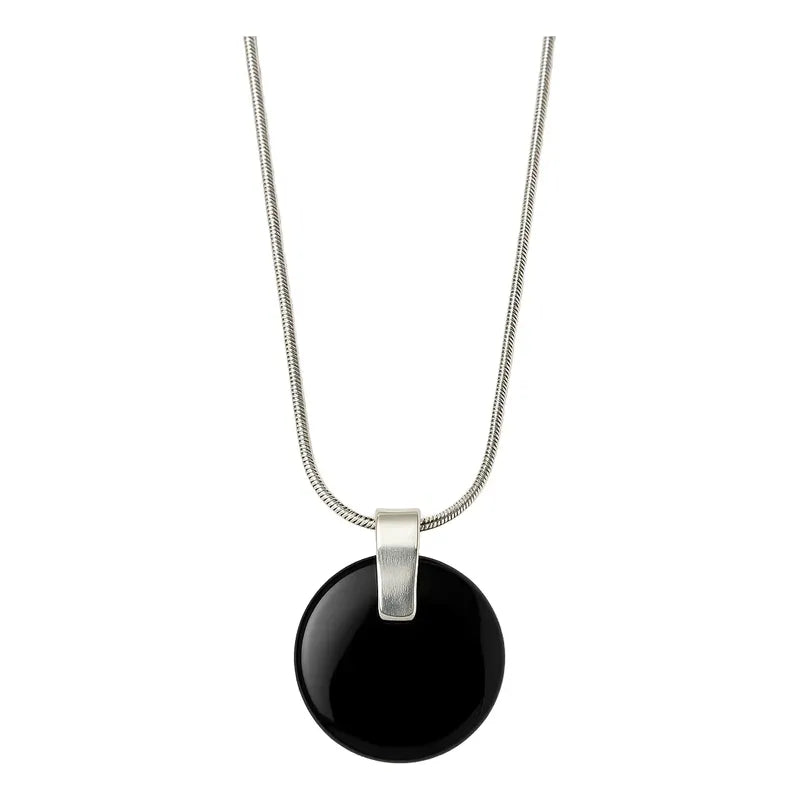 Collar Medallón De Piedra Obsidiana + Cadena De Acero Obsidiana