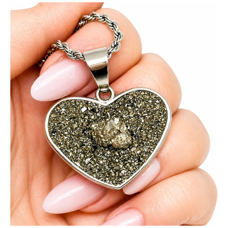 Collar Abundancia Corazón Con Piedra Pirita  + Cadena Corazón Pirita