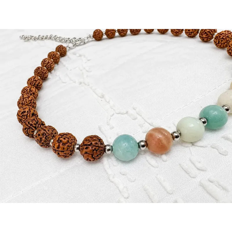 Collar Choker Mini Cuentas Piedras Naturales Delicado 40 Cm Rudraksha Y Amazonita 8 Mm Rudraksha Amazonita 8 Mm.