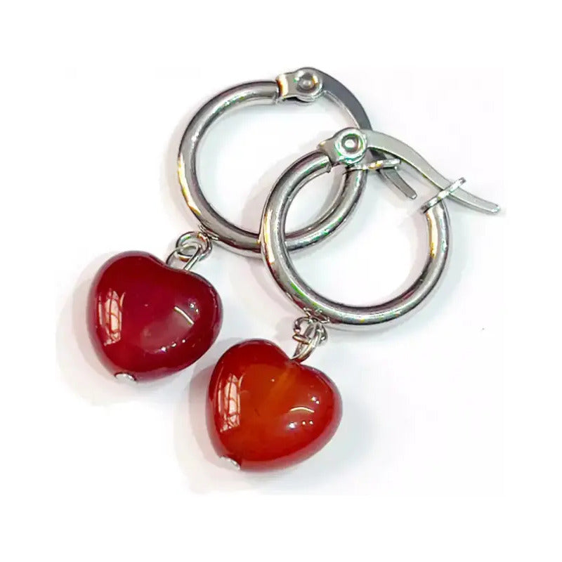 Aritos Mujer Corazón  Piedra Natural Cornalina  - Poder Poder - Cornalina