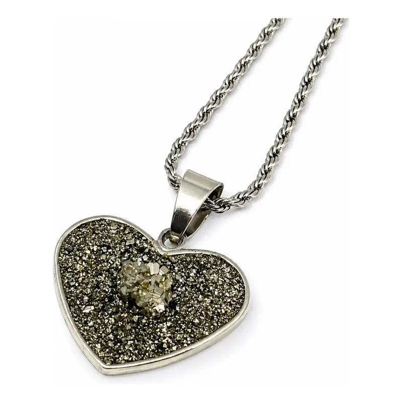 Collar Abundancia Corazón Con Piedra Pirita  + Cadena Corazón Pirita