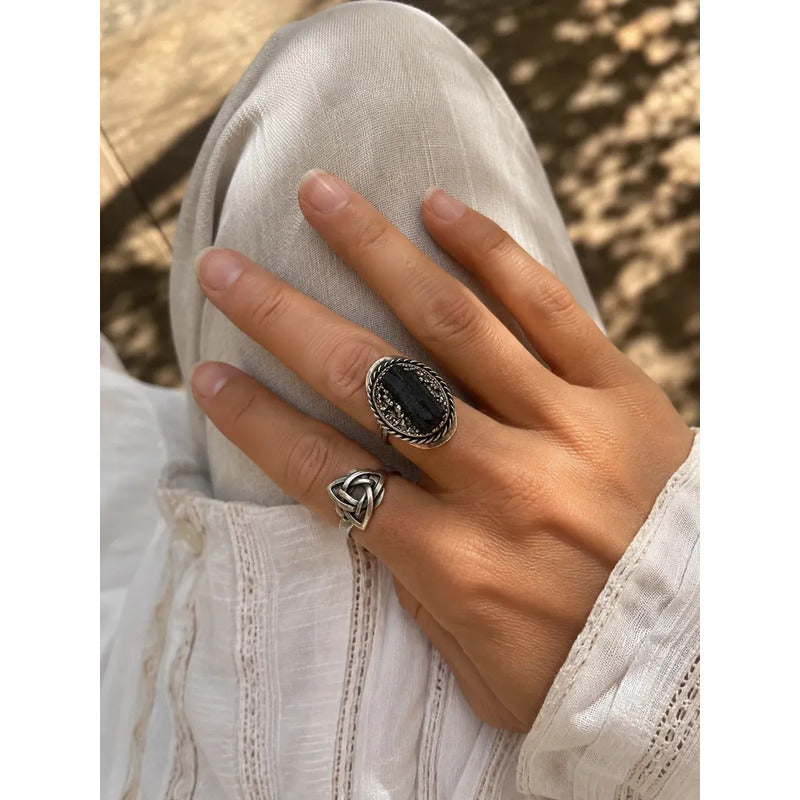 Anillo Mujer Alpaca Regulable Con Piedra Turmalina Y Pirita Pirita Turmalina Unico Regulable Único Ajustable