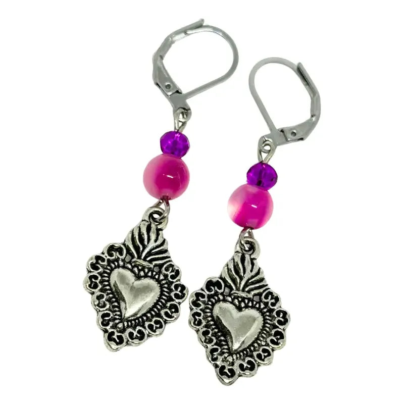 Aros Colgantes Esferas Ágata Fucsia Y Corazón - Positividad Corazón Ágata