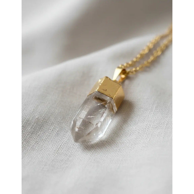 Collar Manifestación Punta De Cuarzo Cristal + Cadena Dorada Punta Cuarzo Cristal