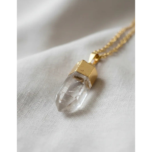 Collar Manifestación Punta De Cuarzo Cristal + Cadena Dorada Punta Cuarzo Cristal